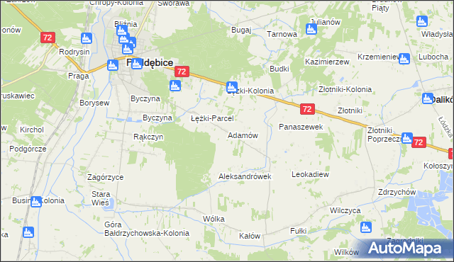 mapa Adamów gmina Poddębice, Adamów gmina Poddębice na mapie Targeo
