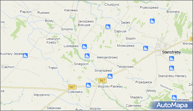 mapa Aleksandrowo gmina Staroźreby, Aleksandrowo gmina Staroźreby na mapie Targeo