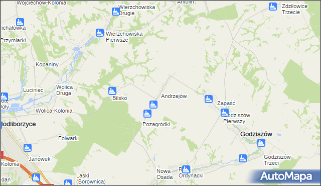 mapa Andrzejów gmina Godziszów, Andrzejów gmina Godziszów na mapie Targeo