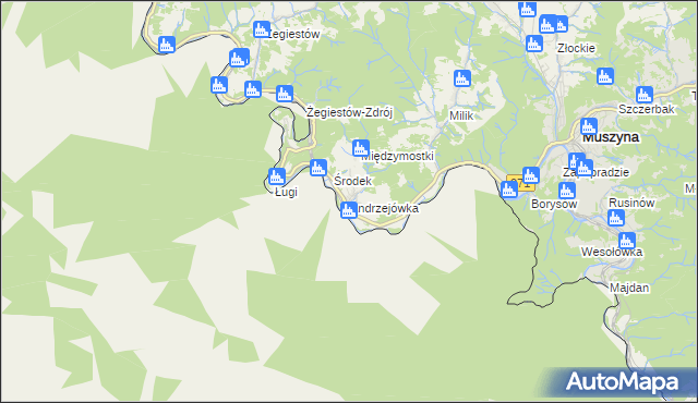 mapa Andrzejówka gmina Muszyna, Andrzejówka gmina Muszyna na mapie Targeo