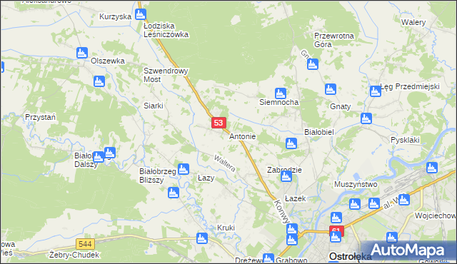 mapa Antonie gmina Olszewo-Borki, Antonie gmina Olszewo-Borki na mapie Targeo