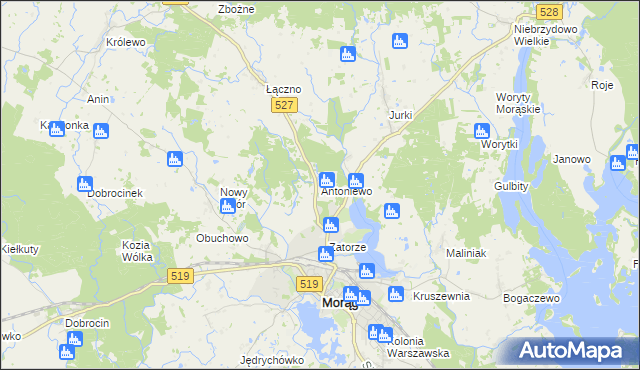 mapa Antoniewo gmina Morąg, Antoniewo gmina Morąg na mapie Targeo