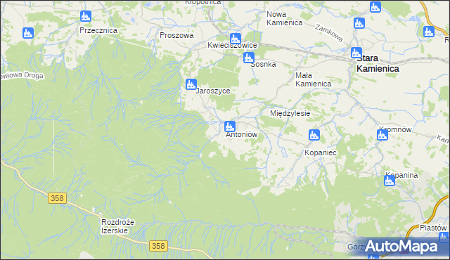 mapa Antoniów gmina Stara Kamienica, Antoniów gmina Stara Kamienica na mapie Targeo