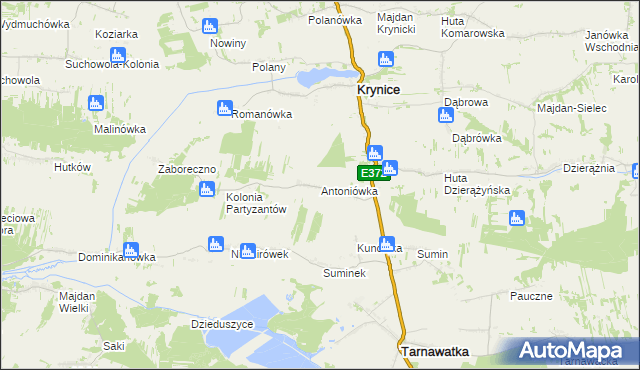 mapa Antoniówka gmina Krynice, Antoniówka gmina Krynice na mapie Targeo