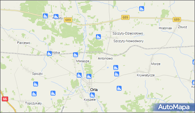 mapa Antonowo gmina Orla, Antonowo gmina Orla na mapie Targeo