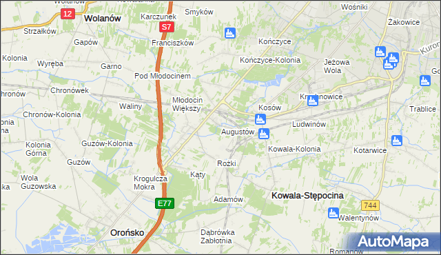 mapa Augustów gmina Kowala, Augustów gmina Kowala na mapie Targeo