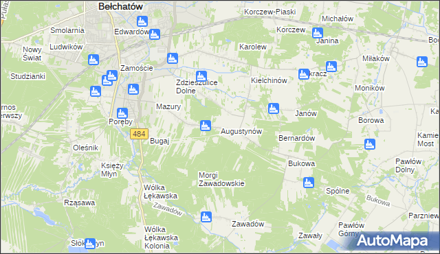 mapa Augustynów gmina Bełchatów, Augustynów gmina Bełchatów na mapie Targeo