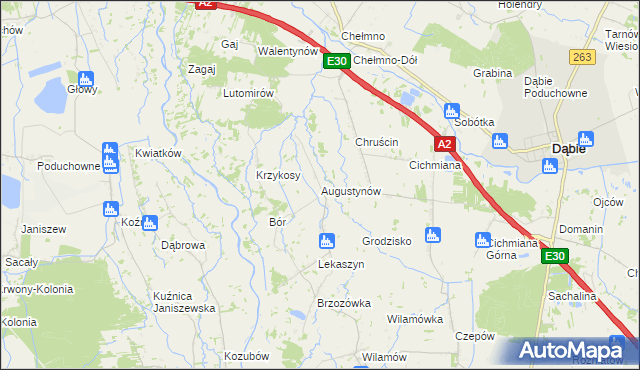 mapa Augustynów gmina Dąbie, Augustynów gmina Dąbie na mapie Targeo