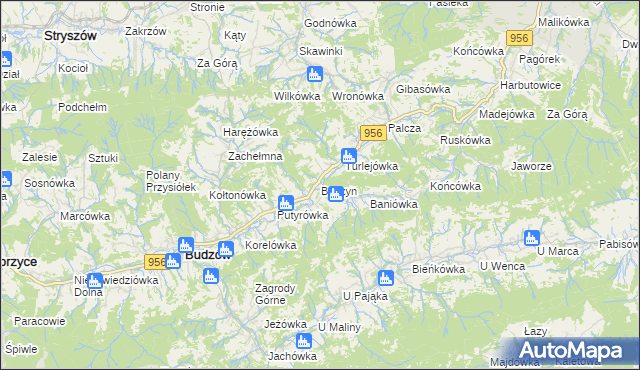 mapa Baczyn gmina Budzów, Baczyn gmina Budzów na mapie Targeo