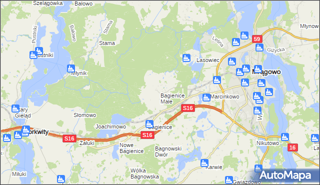 mapa Bagienice Małe gmina Mrągowo, Bagienice Małe gmina Mrągowo na mapie Targeo