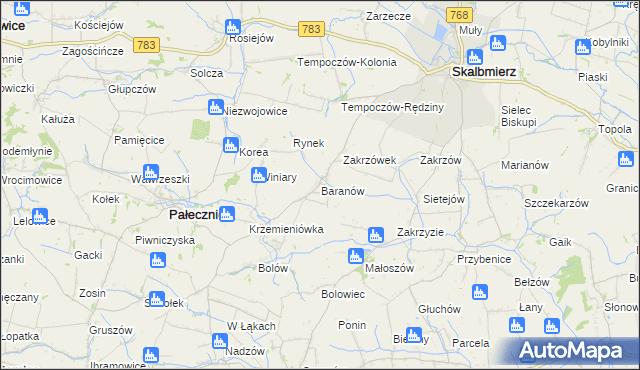 mapa Baranów gmina Skalbmierz, Baranów gmina Skalbmierz na mapie Targeo