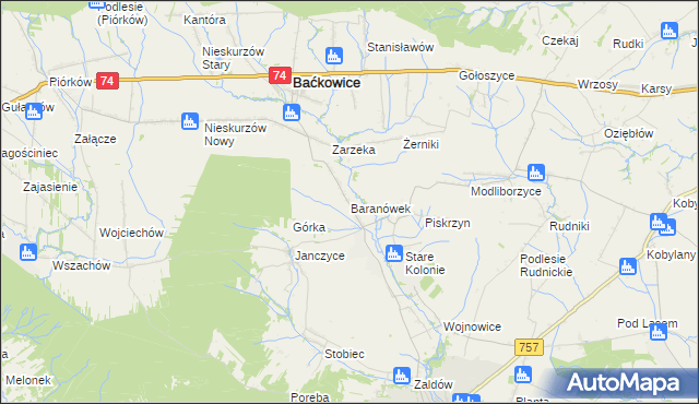 mapa Baranówek gmina Baćkowice, Baranówek gmina Baćkowice na mapie Targeo