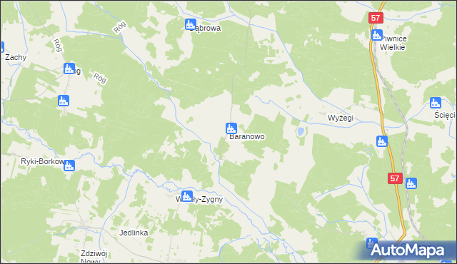 mapa Baranowo gmina Wielbark, Baranowo gmina Wielbark na mapie Targeo