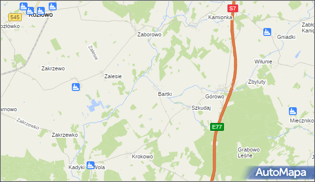 mapa Bartki gmina Kozłowo, Bartki gmina Kozłowo na mapie Targeo