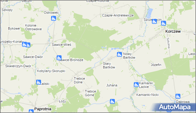 mapa Bartków gmina Korczew, Bartków gmina Korczew na mapie Targeo