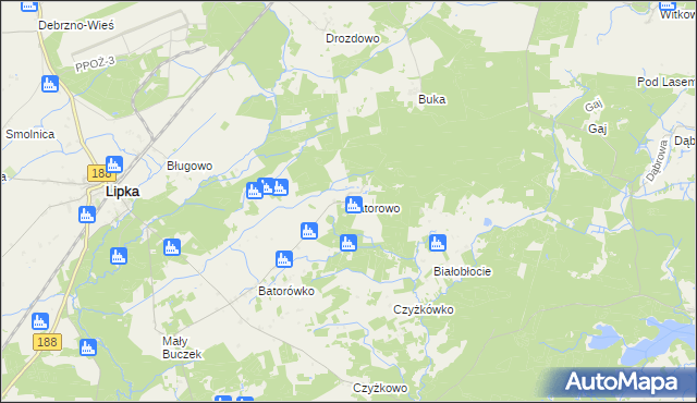 mapa Batorowo gmina Lipka, Batorowo gmina Lipka na mapie Targeo
