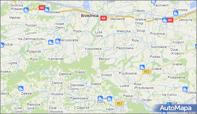 mapa Bęczyn gmina Brzeźnica, Bęczyn gmina Brzeźnica na mapie Targeo