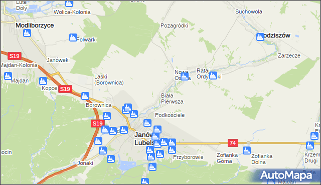 mapa Biała Pierwsza gmina Janów Lubelski, Biała Pierwsza gmina Janów Lubelski na mapie Targeo