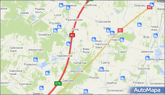 mapa Biała Róża gmina Rozprza, Biała Róża gmina Rozprza na mapie Targeo