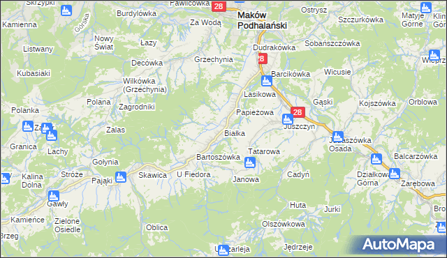 mapa Białka gmina Maków Podhalański, Białka gmina Maków Podhalański na mapie Targeo