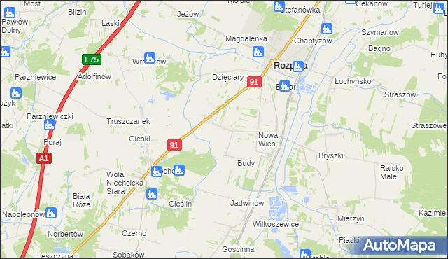 mapa Białocin gmina Rozprza, Białocin gmina Rozprza na mapie Targeo