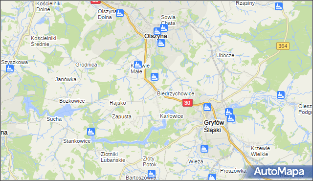 mapa Biedrzychowice gmina Olszyna, Biedrzychowice gmina Olszyna na mapie Targeo