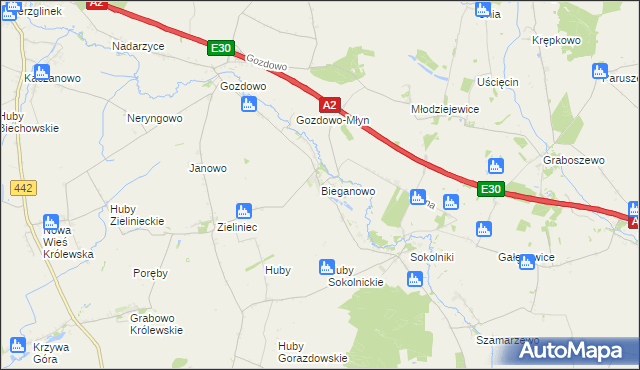 mapa Bieganowo gmina Kołaczkowo, Bieganowo gmina Kołaczkowo na mapie Targeo