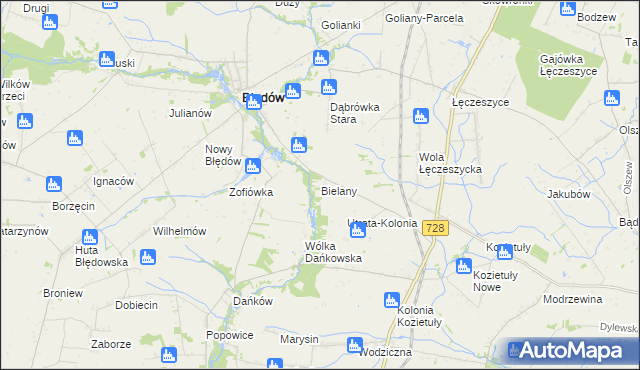 mapa Bielany gmina Błędów, Bielany gmina Błędów na mapie Targeo