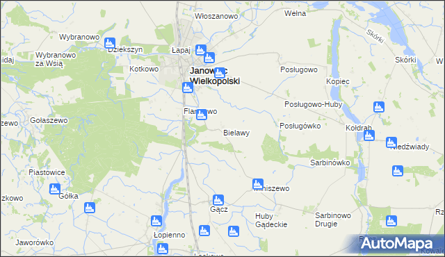 mapa Bielawy gmina Janowiec Wielkopolski, Bielawy gmina Janowiec Wielkopolski na mapie Targeo