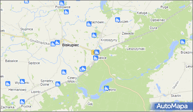 mapa Bielice gmina Biskupiec, Bielice gmina Biskupiec na mapie Targeo