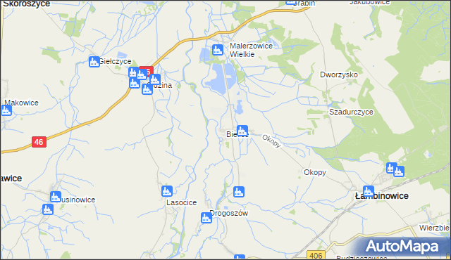 mapa Bielice gmina Łambinowice, Bielice gmina Łambinowice na mapie Targeo