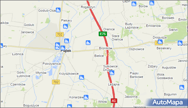 mapa Bielice gmina Piątek, Bielice gmina Piątek na mapie Targeo