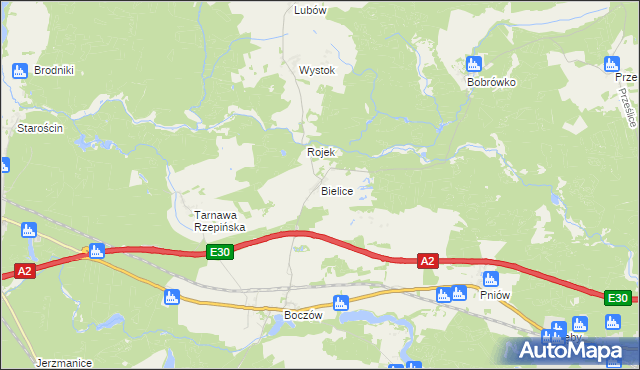 mapa Bielice gmina Torzym, Bielice gmina Torzym na mapie Targeo