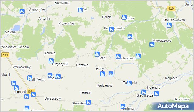 mapa Bielin gmina Żmudź, Bielin gmina Żmudź na mapie Targeo