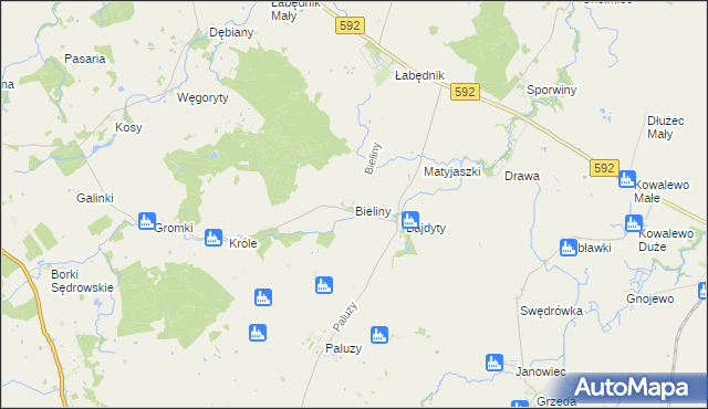 mapa Bieliny gmina Bartoszyce, Bieliny gmina Bartoszyce na mapie Targeo