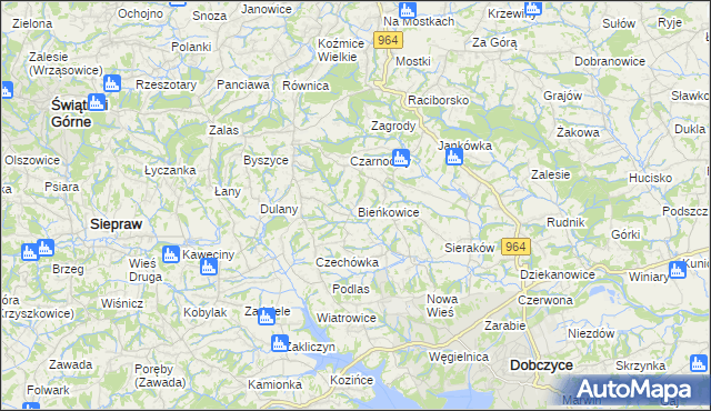 mapa Bieńkowice gmina Dobczyce, Bieńkowice gmina Dobczyce na mapie Targeo