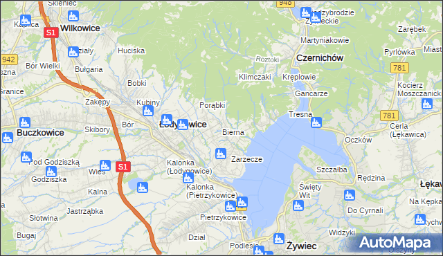 mapa Bierna gmina Łodygowice, Bierna gmina Łodygowice na mapie Targeo