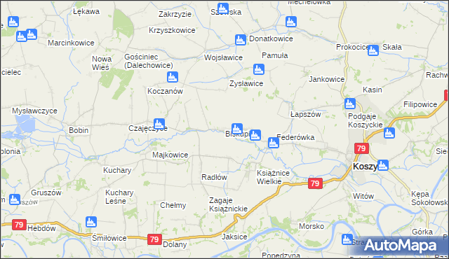 mapa Biskupice gmina Koszyce, Biskupice gmina Koszyce na mapie Targeo