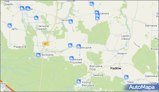mapa Biskupice gmina Radłów, Biskupice gmina Radłów na mapie Targeo