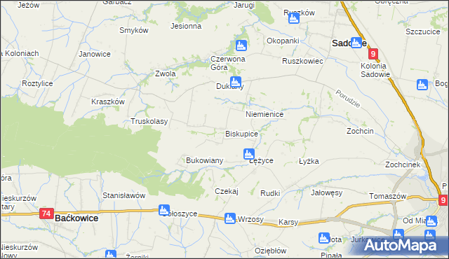 mapa Biskupice gmina Sadowie, Biskupice gmina Sadowie na mapie Targeo