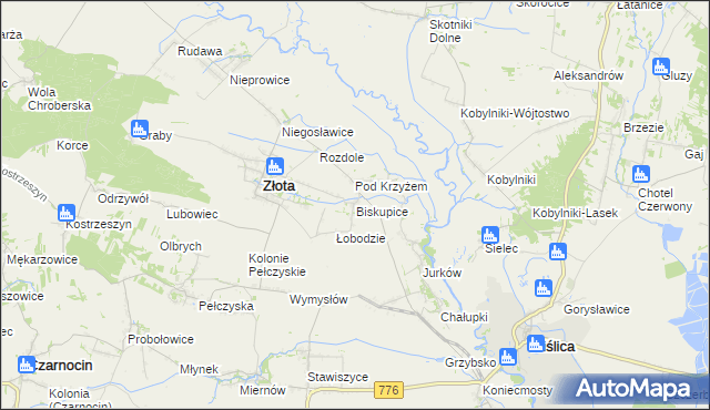 mapa Biskupice gmina Złota, Biskupice gmina Złota na mapie Targeo