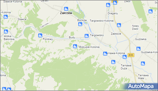 mapa Biskupie-Kolonia gmina Wysokie, Biskupie-Kolonia gmina Wysokie na mapie Targeo