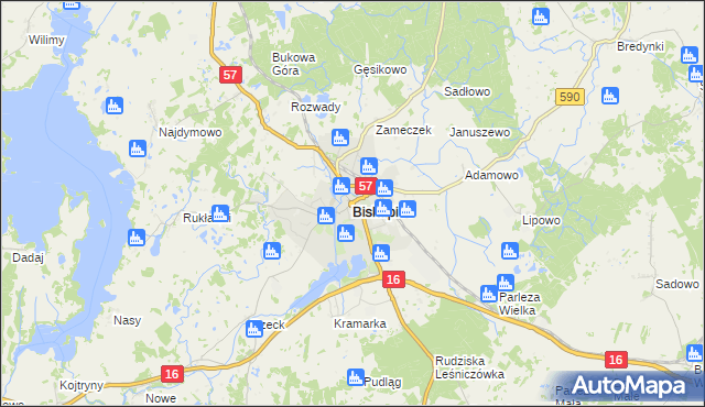 mapa Biskupiec powiat olsztyński, Biskupiec powiat olsztyński na mapie Targeo