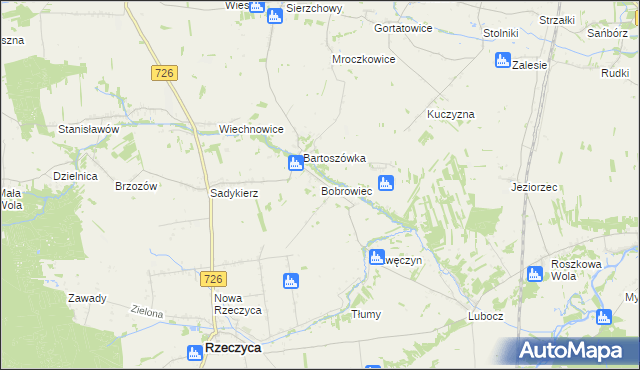 mapa Bobrowiec gmina Rzeczyca, Bobrowiec gmina Rzeczyca na mapie Targeo