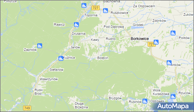 mapa Bolęcin gmina Borkowice, Bolęcin gmina Borkowice na mapie Targeo