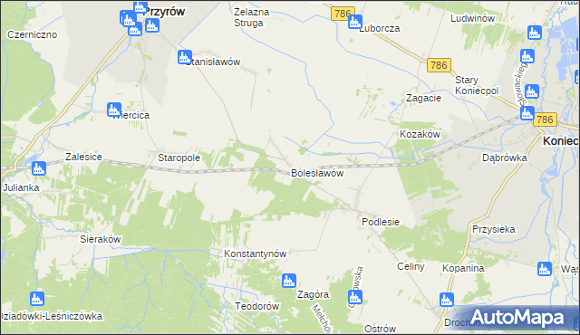 mapa Bolesławów gmina Przyrów, Bolesławów gmina Przyrów na mapie Targeo