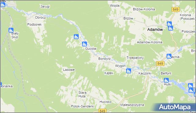 mapa Bondyrz gmina Adamów, Bondyrz gmina Adamów na mapie Targeo