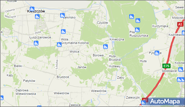 mapa Borowa gmina Dobryszyce, Borowa gmina Dobryszyce na mapie Targeo