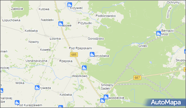 mapa Borysówka gmina Hajnówka, Borysówka gmina Hajnówka na mapie Targeo