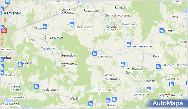 mapa Borzęcin gmina Gorzkowice, Borzęcin gmina Gorzkowice na mapie Targeo
